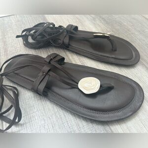 Zara Flat Brown Leather Wrap Sandals Size 6.5/37